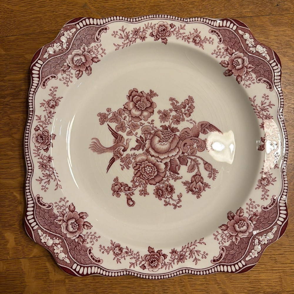 Vtg Crown Ducal Bristol Pink Red Transferware Platter Square Scalloped 11.5"